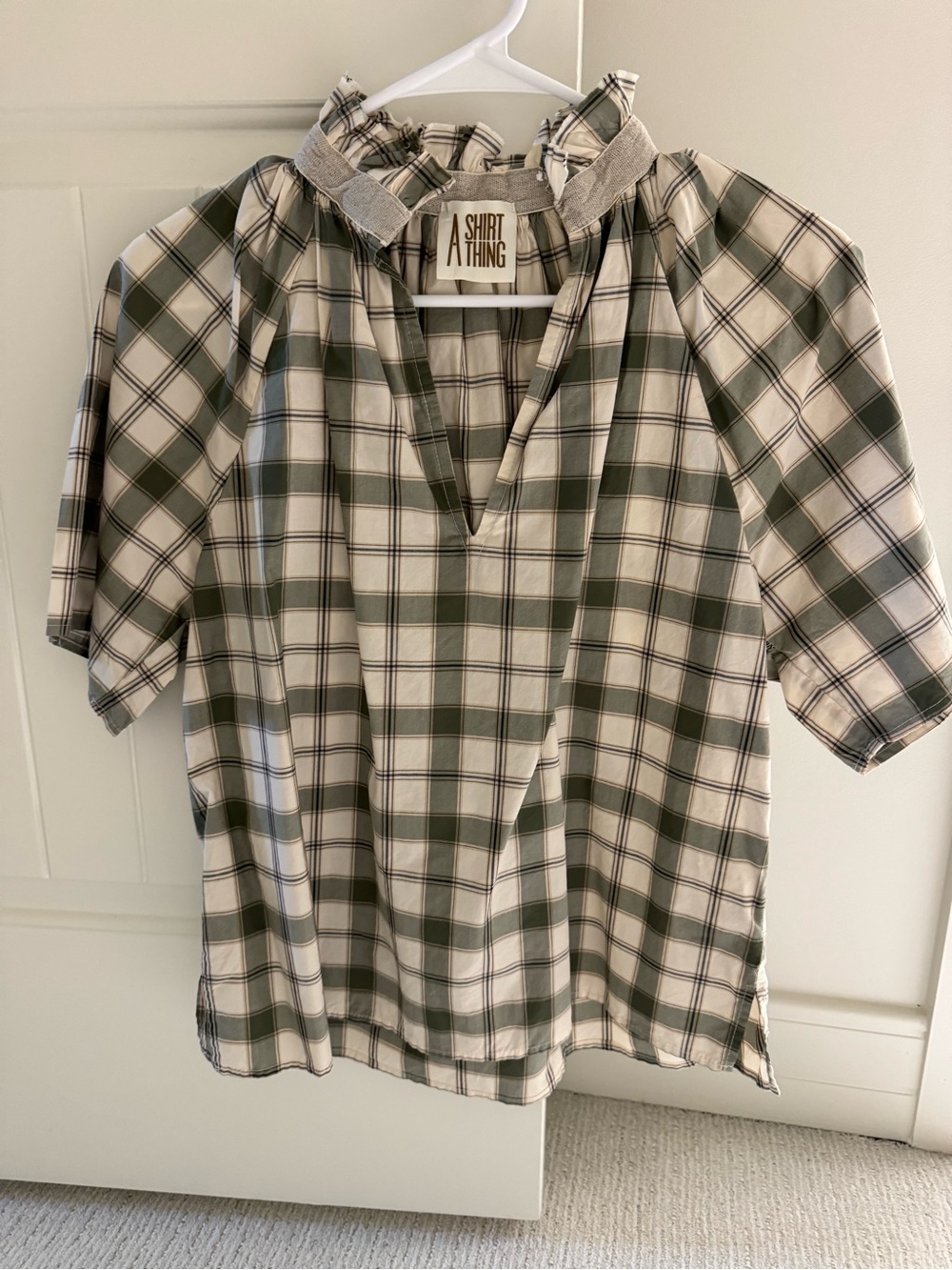 A Shirt Thing Green & White Plaid Peasant Blouse Size Small